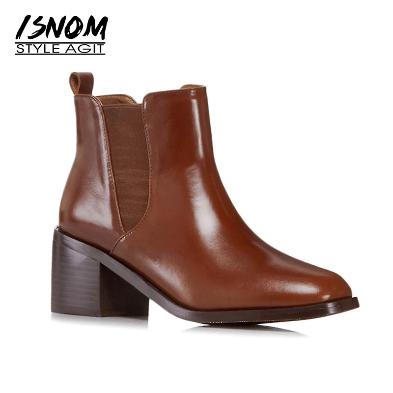 

ISNOM Cow Leather Women Chelsea Boots Autumn Fashion Square Toe Shoes Short Plush Winter Thick High Heels Footwear Big Size 42
