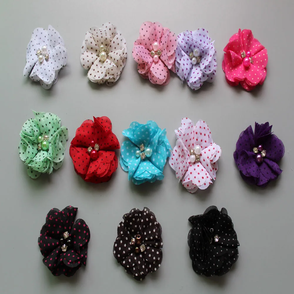 

New 2015 Baby Hair Product DIY 2'' Mini dot Chiffon Flowers With Pearl Rhinestone Children Accessories 30PCS/LOT Free Shipping