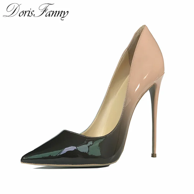 

Free shipping DorisFanny Wedding Shoes high heels pointed toe stilettos black red patent leather shoes for women