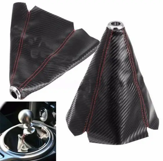 1x Universal Carbon Fiber Manual Gear Shift Knob Boot Cover Gaiter Red
