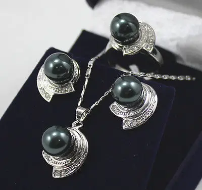 

FREE SHIPPING6colors-10mm yellow/green/gray/pink/black shell pearl earring pendant ring set