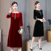 Three Quarter Sleeve Velour Dress 2019 Elegant Plus Size Velvet Mother Dresses Patchwork Velour Dress High Waist Midi Dress wbctw xxs 7xl plus size faux leather dress 2018 solid three quarter sleeve high waist winter spring women dress mini pu dress
