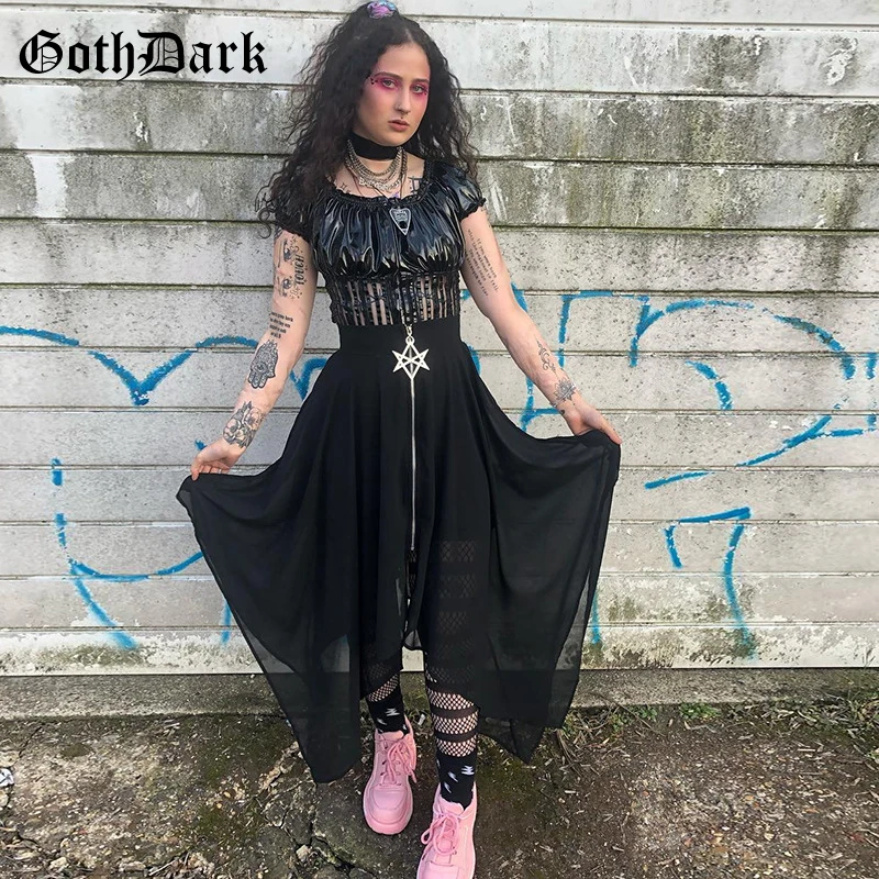 Женская длинная сетчатая юбка Goth Dark черная готическая на молнии асимметричная