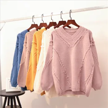 

2020 New Spring And Autumn Korean Version Of The Women Sweater V-neck Pullover Shirt Short Paragraph Long Sleeve Loose Wild Th