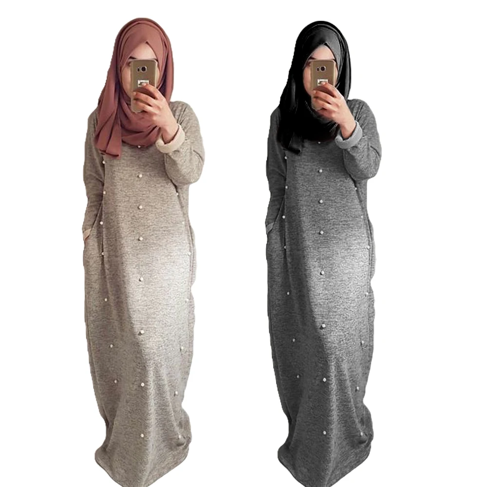 

Dubai Women Muslim Long Sleeve Pearls Dress Jilbab Vintage Cocktail MAXI Kaftan Robe