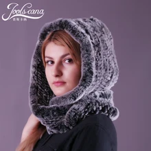JOOLSCANA real fur hat scarf for wowen autumn winter warm scarf cap female knitted Rex Rabbit scarf and cap two in one Russian