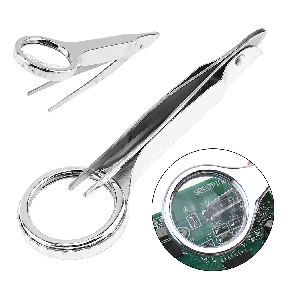 

25mm 10X Handheld Magnifier Stainless Steel + Acrylic Magnifying Glass Portable Optical Lens Tool with Tweezers