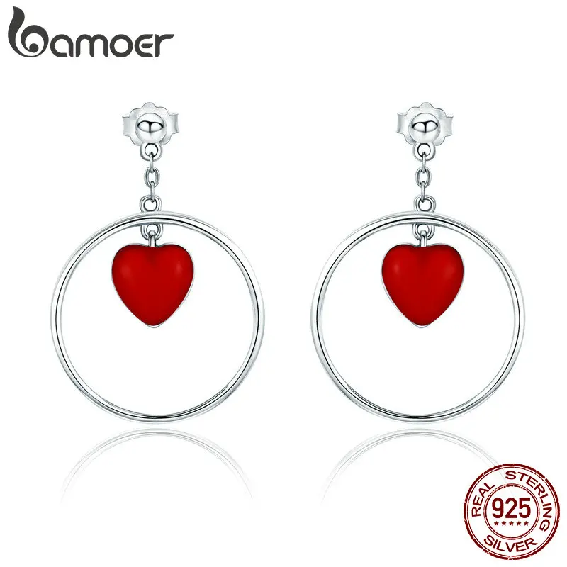 

BAMOER Sweet 925 Sterling Silver Heart Round Circle Shape Romantic Drop Earrings for Women Wedding Earrings Jewelry Gift SCE360