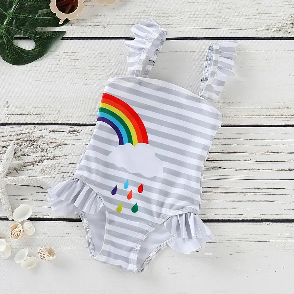 Toddler Baby Girl swimwear Two pieces Set Children Kids Girls Bikini Beach Strip Rainbow Print One Piece Swimsuit A1