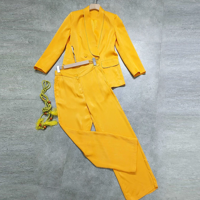 HIGH QUALITY New Fashion Designer Runway Suit Set Women's Rope Belt Yellow Blazer Suit Wide Leg Pants Set