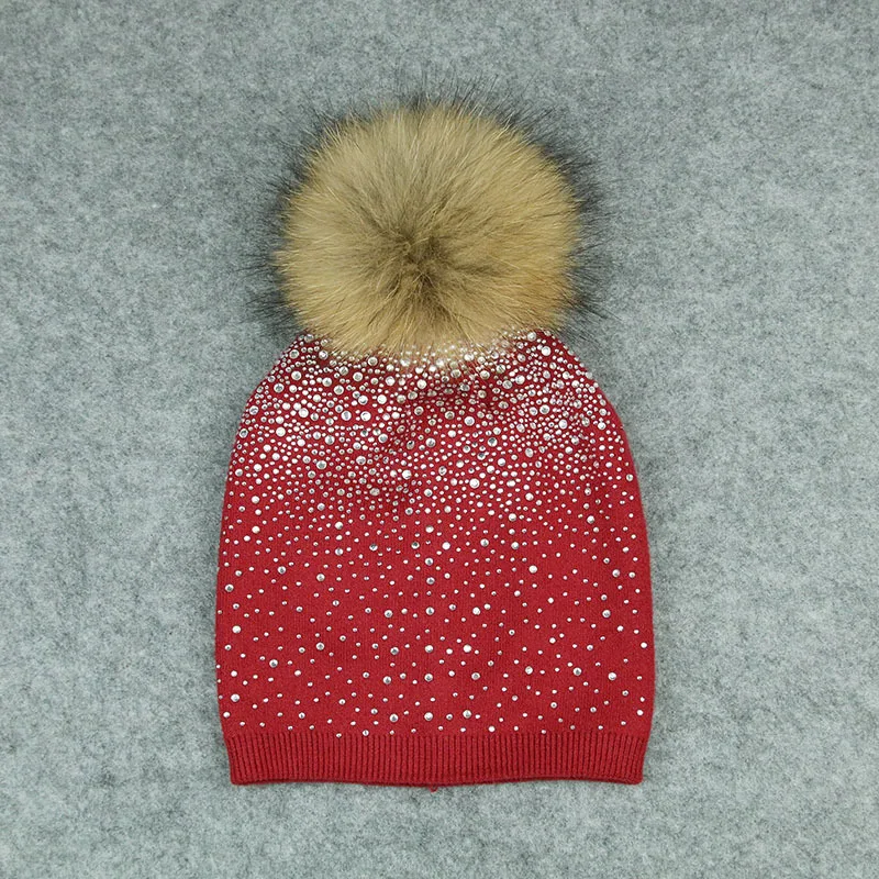 KUE019 Natural Fur Pom pom Knitted Hat Winter Wool Women Genuine Fur Ball Bobble Knit Beanies Bonnet Bones Skullies Rhinestone