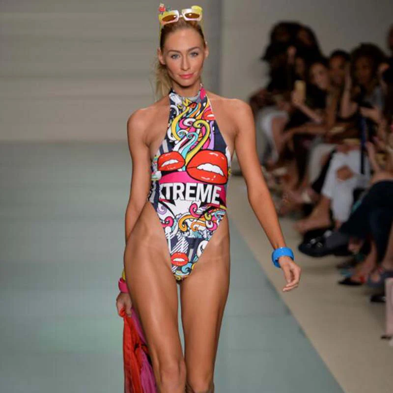 

2018 Women Swimwear Retro Onepiece Swimsuit Lips Print Brazilian Bathing Suit High Waist Beach Monokini Maillot De Bain Femme