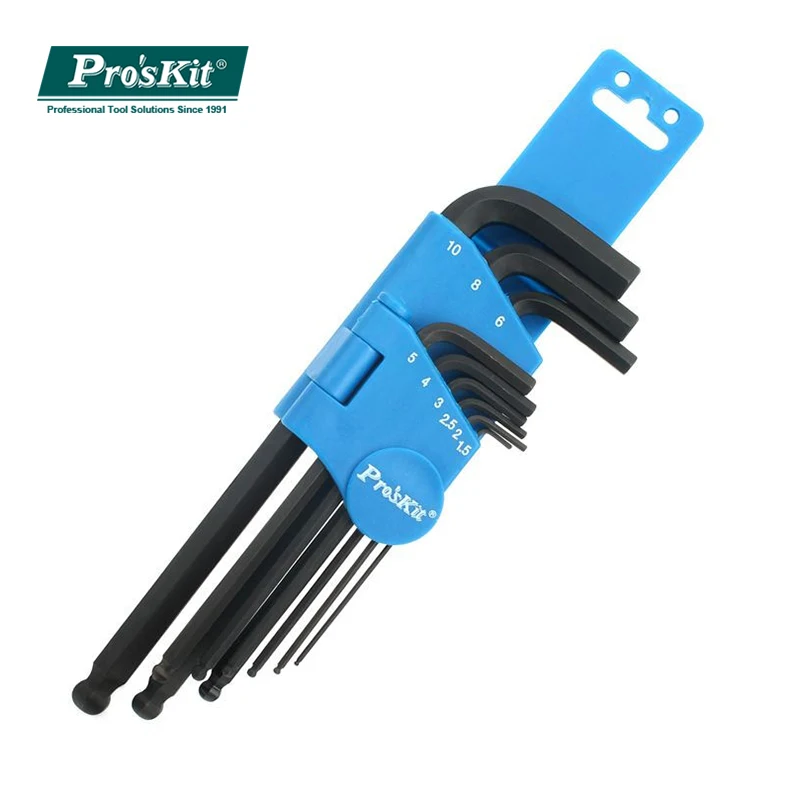 

Pro'sKit 8PK-028 9pcs Ball Point Hex Key Blackened finish Long Arm Material: S2 alloy steel Wrench Screwdriver Set