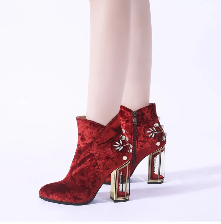Phoentin/ботильоны с украшением в виде кристаллов и цветов; женские ботинки на очень высоком каблуке, украшенные жемчугом и металлическими узорами; красивая женская обувь на молнии; красная обувь; FT270