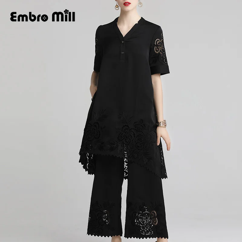 

The New summer women folk-custom Retro Hollow embroidery out coat + Wide leg pants 2 pieces loose lady set female S-3XL