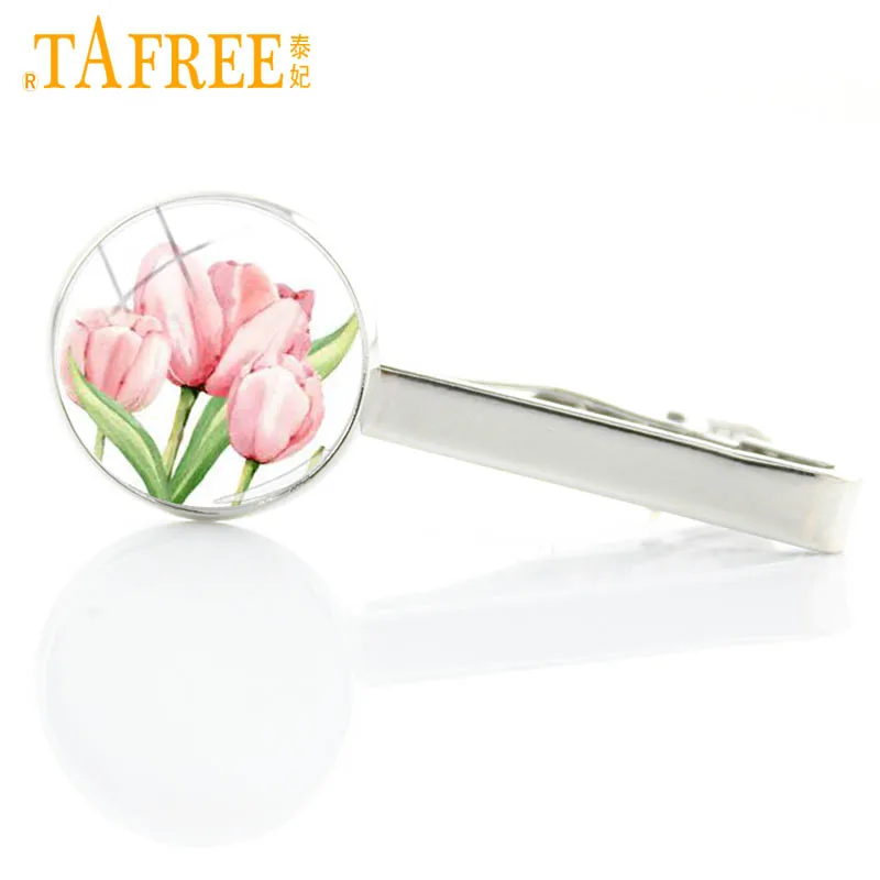 TAFREE красивые розовые тюльпаны стеклянные фото Зажимы для галстука мужчин и