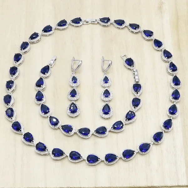 Королевский синий полудрагоценный 925 Серебряный ювелирный набор для женщин капли воды ожерелье серьги браслет подарок Свадебные ювелирные изделия - Окраска металла: 3PCS