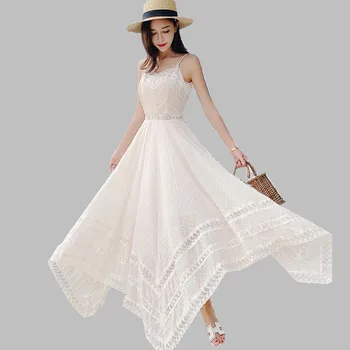 

Boho Asymmetrical Long Women Dress Runway Summer White Chiffon Patchwork Lace Holiday Dress Sexy Slim Halter V Neck Beach Dress