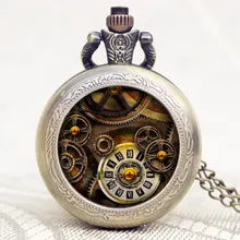 Лучшие подарки в стиле стимпанк с подвеской на колесо, карманные часы, часы, винтажные кварцевые аналоговые с круглым циферблатом, мужские и женские часы с ожерельем