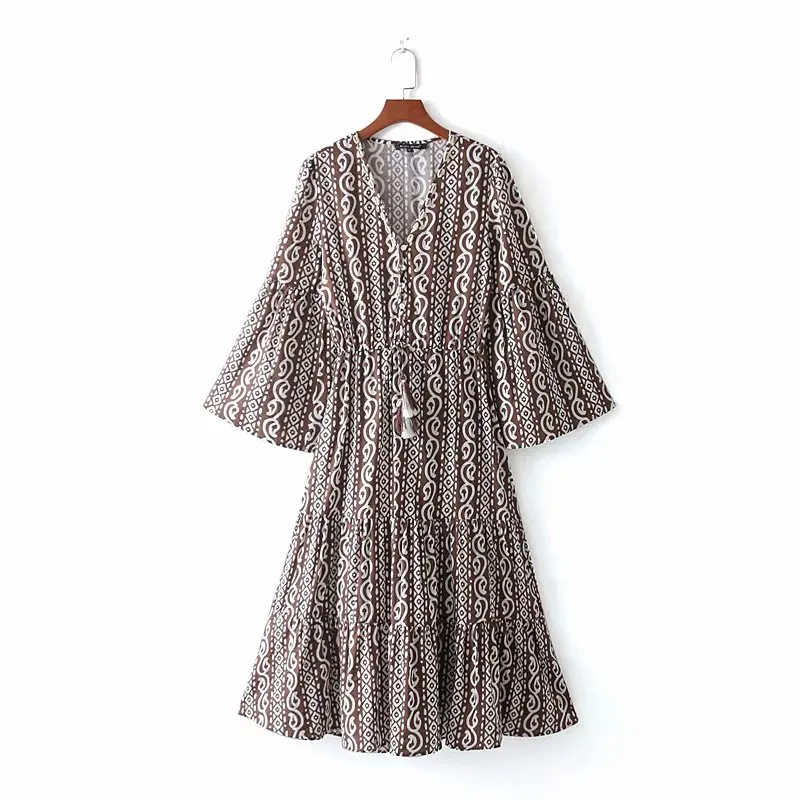 

2019 women vintage v neck marks print casual midi dress ladies shell decoration flare sleeve vestidos chic ruffles dress DS2112
