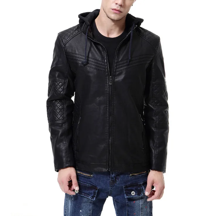 DQIYU новейшая мода мотоциклетная кожаная куртка Осень Зима утолщаются с капюшоном Мужские кожаные куртки и пальто Черная куртка на молнии