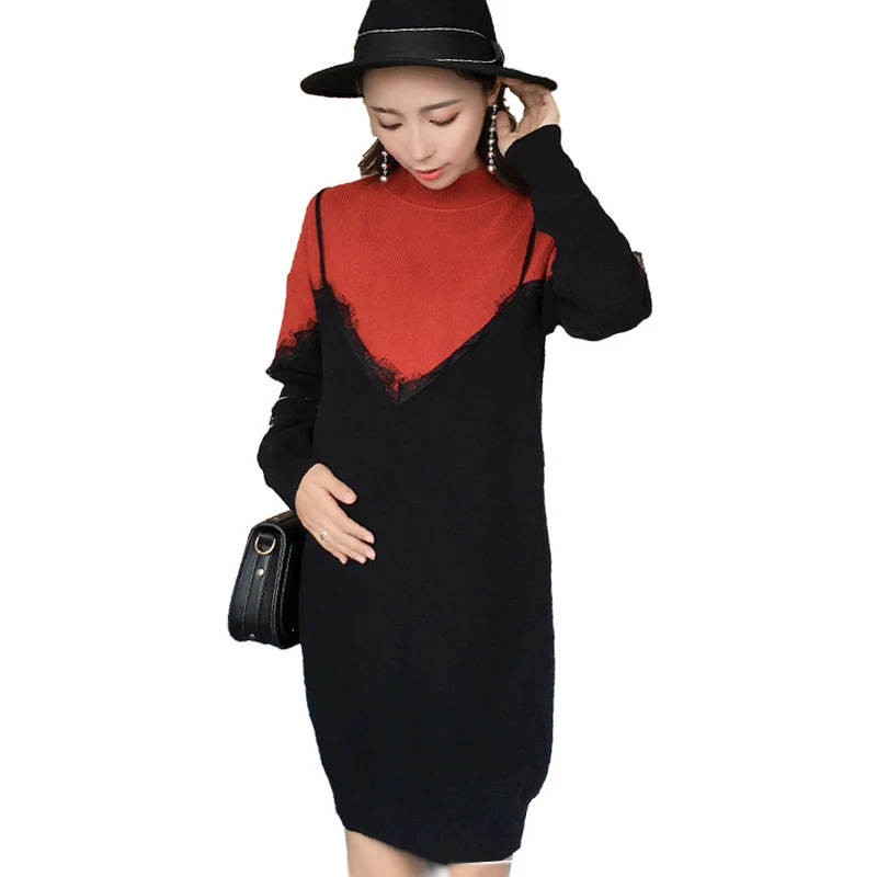 

Pregnant Sweater Dress Lace Patchwork Maternity Winter Spring Color Contrast Long Pullover Dresses Pregnancy Fashion Clothes