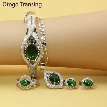 

Otogo Transing Indian Fashion Love Jewelry Sets Mark Silver Color Tray Green Crystal For Women Necklace / Ring / Earrings-SET201