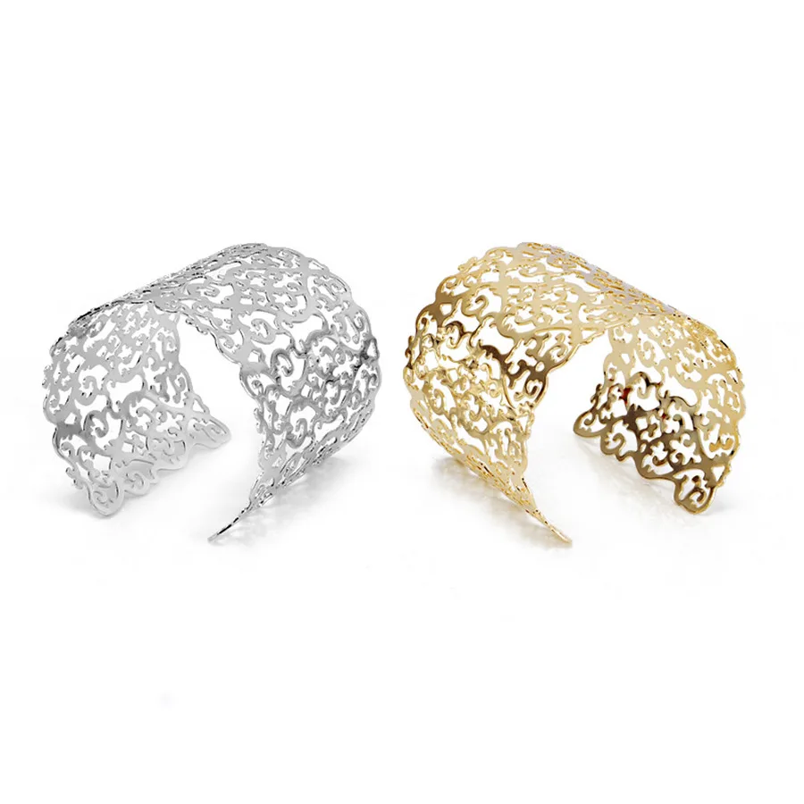 Punk Cuff Bracelets for Women Big Wide Bangle Bracelet Jewelry Fashion Statement Hollow Flower Carved Charm Pulseiras RAVIMOUR bangle bracelet