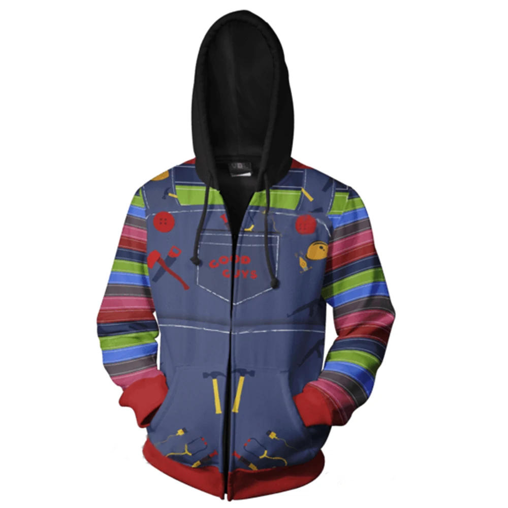 

Child's Play Cosplay Chucky Hoodie Zip Up Printed Sweatshirt Unisex Hoody Coat Top Casual Outwear Cardigan Men Women