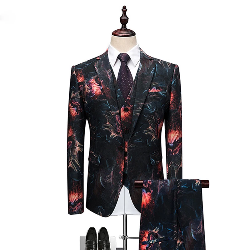 Men Print Tuxedo Suit Set Slim Fit Plus Size M 6XL Mens Wedding Prom ...