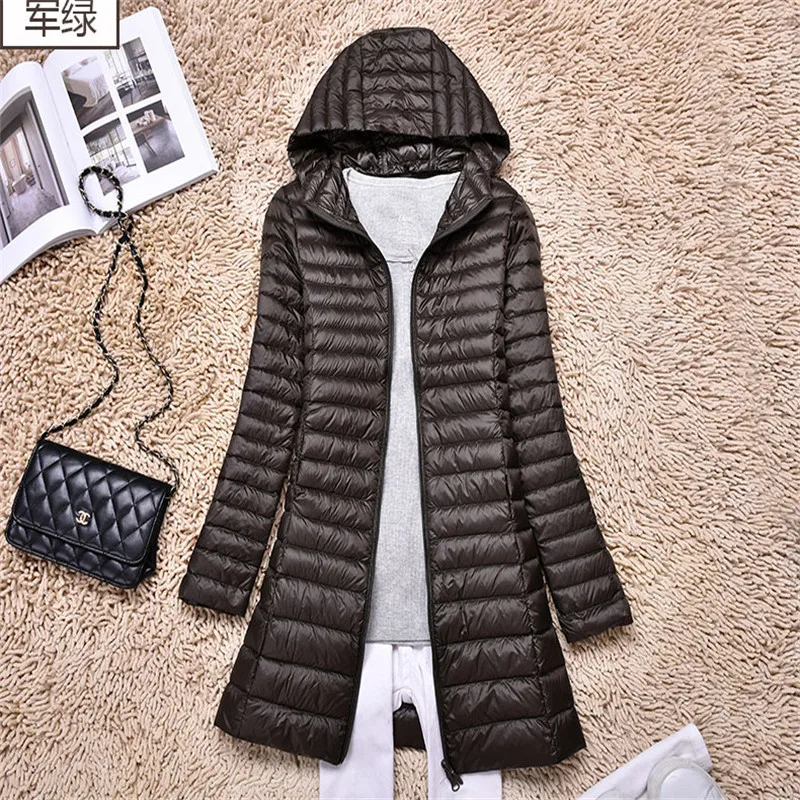 Koop Sanishroly S 6XL 2018 Vrouwen Capuchon Midi Lange Ultra Licht Down Jas Parka Dames Witte Eendendons Bovenkleding Plus Size SE299