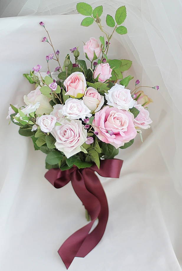 JaneVini западные свадебные цветы Свадебный держатель букетов искусственные ленты Розовые розы букет Шелковый букет для птиц