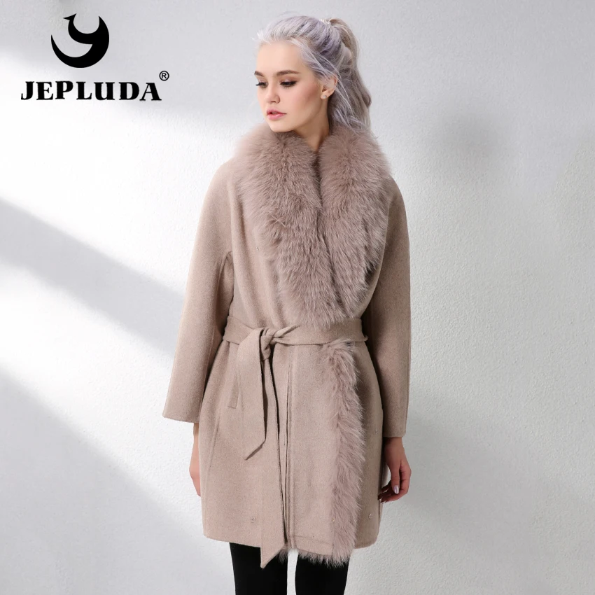 JELUDA Hot Sale Cashmere Coat Women Scarf Collar With Natural Real Fox Fur Real Fur Coat Genuine Leather Jacket Women Overcoat