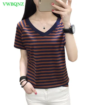 

Plus size Women Stripe T-shirt Summer Cotton Short sleeve Tops Korean Womens Hedging V collar Khaki Tops T-shirts White 5XL A592