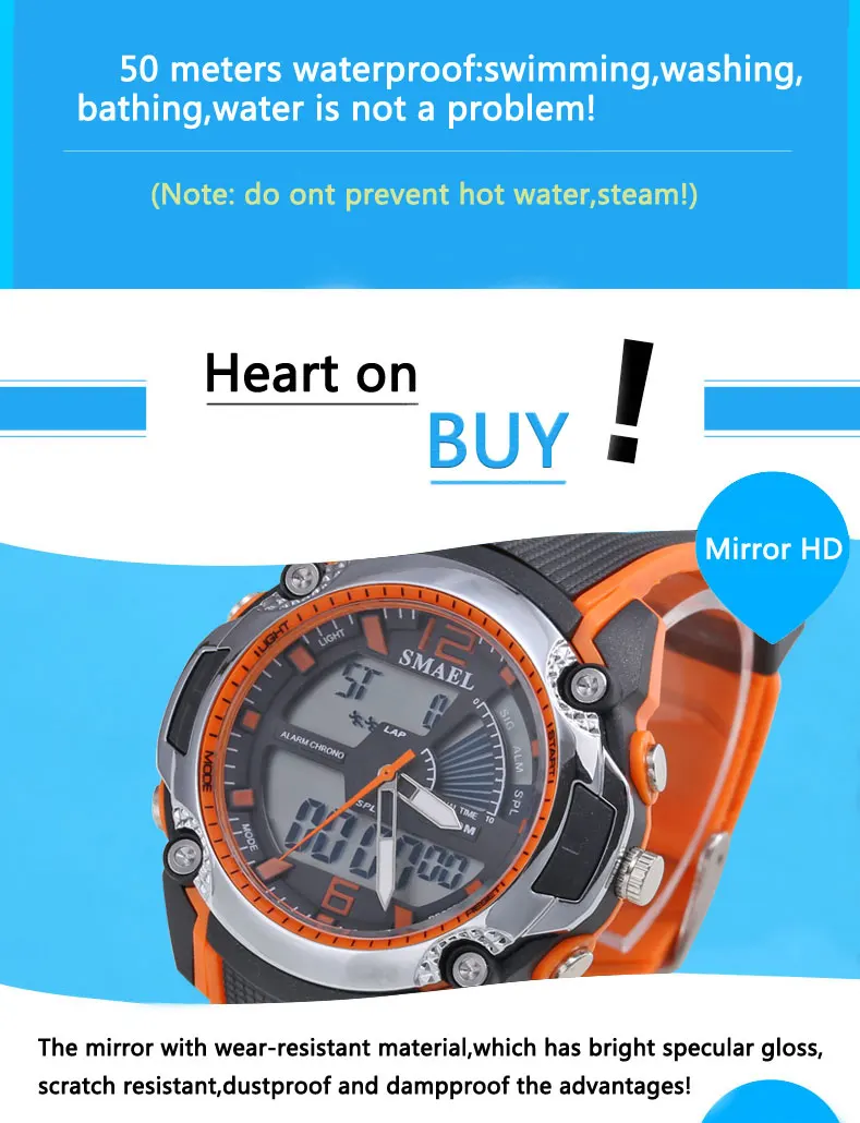 SMAEL модные детские спортивные часы водонепроницаемые аналоговые светодиодный Часы Цифровые Студенческие многофункциональные наручные часы для девочек и мальчиков
