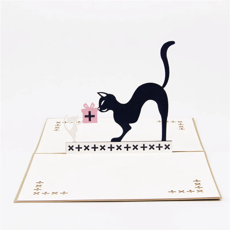 

3D Laser Cut Handmade Cute Black Cat Mouse Paper Invitation Greeting Cards PostCard Children's Day Birthday Party Creative Gift