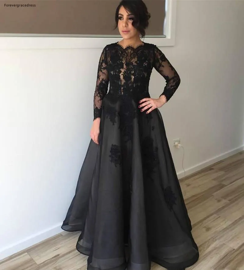 Modest Black Long Sleeves Mother Of the Bride Dresses Lace Appliques Scoop Neckline Floor Length Mother Formal Evening Red Carpet Gowns  119 (1)