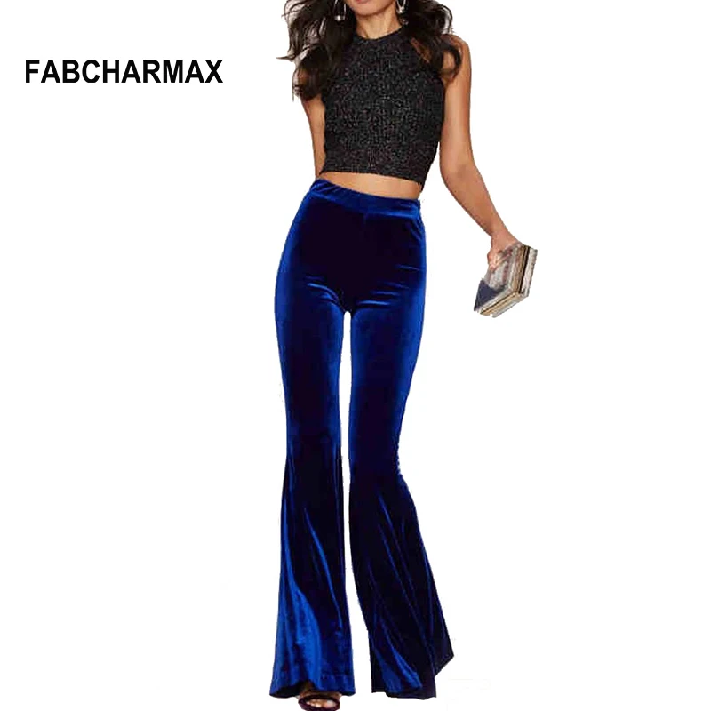 FABCHARMAX, женские брюки с высокой талией, новая мода, облегающие, Клубная одежда, велюр, сексуальные, расклешенные, широкие, повседневные, бархатные брюки размера плюс