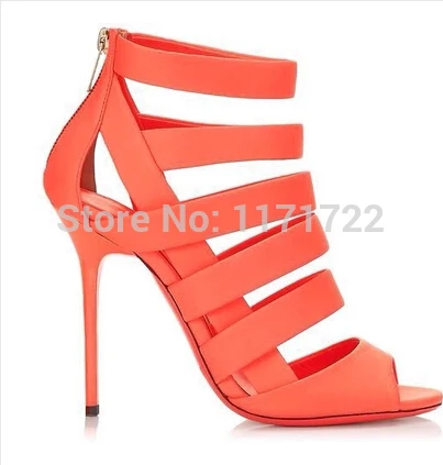 

Newest design orange real leather fretwork women high heel summer strappy boots sandals