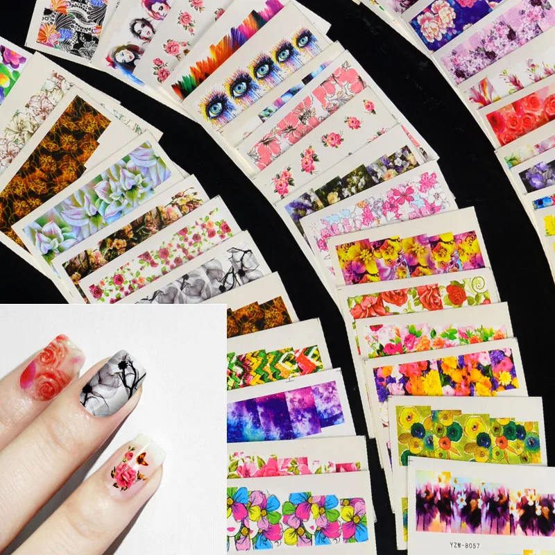 

54 pcs/set Mixed Colorful Nail Sticker Fashion Flower Water Transfer Wraps Tips Nail Decor Manicure Tool
