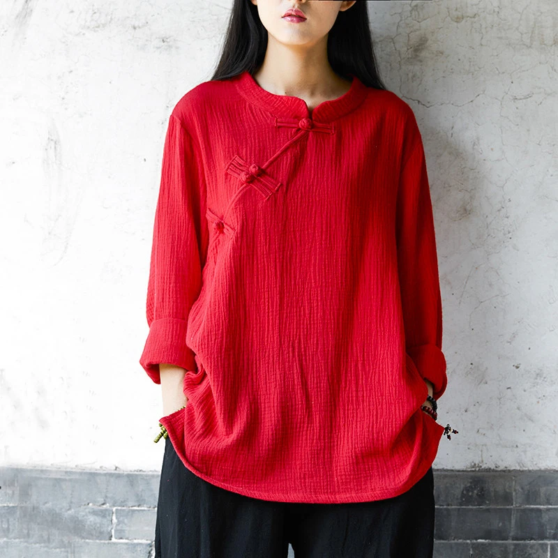 

Johnature 2019 Spring Women Cotton Linen T-shirts New Vintage Simple Stand Collar Buckle Loose Solid Color Long Sleeve Tops