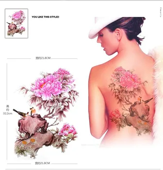 

2pcs pink Peony flower Magpie big large Temporary tattoo stickers warterproof for women free shipping