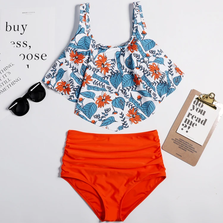 2020 Women Ruched High Waist Bikini 2019 Plus Size Swimwear Summer Swimsuit Flamingos Beach Bathing Suit Ruffle Bikini Mujer crochet bikini set