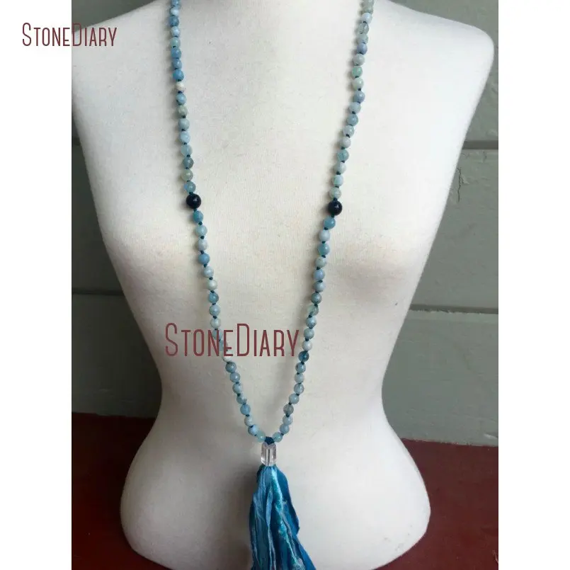 20180313-NM11092-Aquamarine Mala Beads, Blue Tiger Eye, Crystal Quartz , Silk Sari Tassel Necklace, Throat Chakra Yoga Beads , Aura Cleansing Beads_1