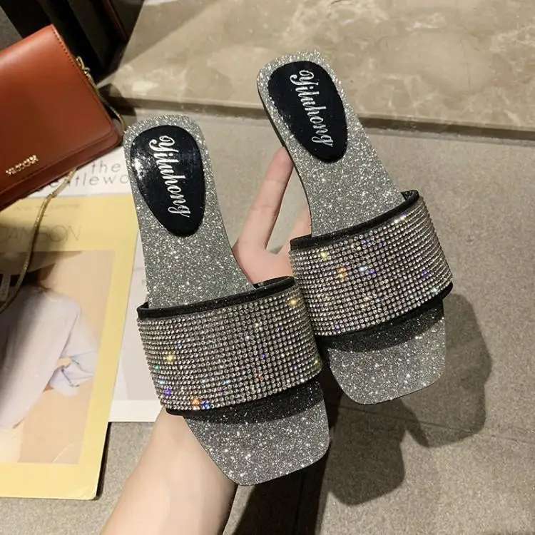 

Shimmering Crystal Wide One Buckle Slippers Women Peep Toe Slip On Lady Slides Soft Rubber Heels Womens Flats Girl Beach Shoes