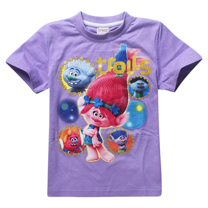 Футболки для девочек, футболки для мальчиков, летняя детская одежда с рисунками, Детские рубашки с короткими рукавами, брендовая футболка с троллями, vestidos infantil - Цвет: 8268purple