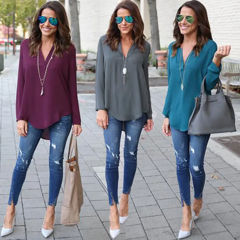 

Fashion Women's 2017 Blouses Shirts Chiffon Long Sleeve Ladies Tops V-neck Sizes S-XL Clothing Female Top Shirt