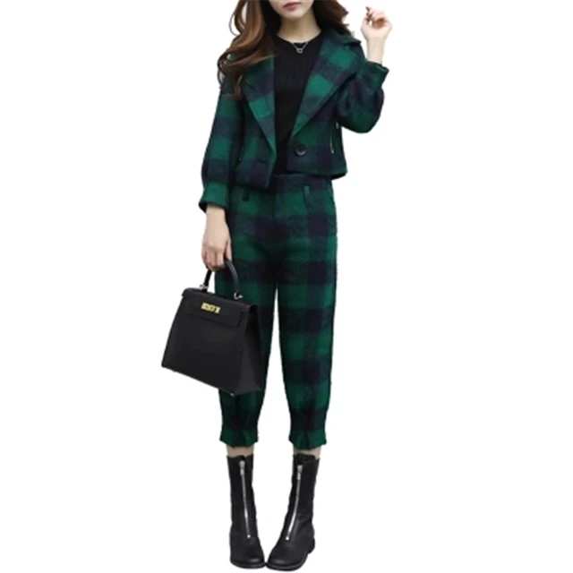 Cheap 2017 New Women's Autumn Winter Plaid Two-piece Pants Suit Long-sleeved Woolen Jacket Short Coats Casual Fashion Women Sets Z72 Cheap 2017 New Women's Autumn Winter Plaid Two-piece Pants Suit Long-sleeved Woolen Jacket Short Coats Casual Fashion Women Sets Z72