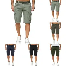 Новые мужские шорты пляжная, с пуговицами одноцветные хлопковые мульти-Комбинезоны С Карманами Шорты Карго короткие брюки мужские комбинезоны содержит пояс