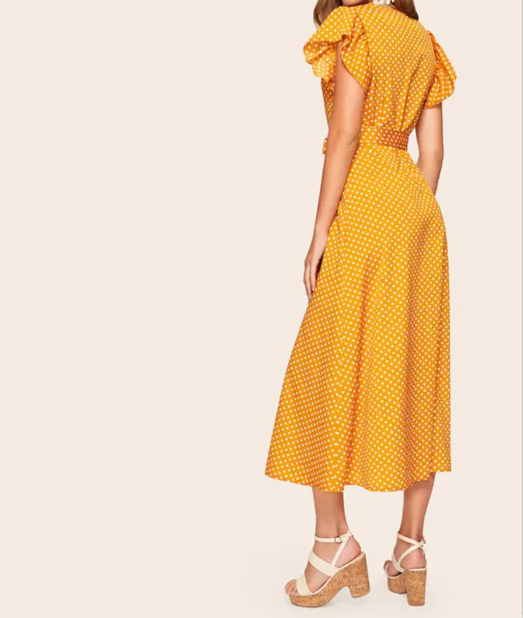 Желтый платье женское сарафан летний в горошек короткий рукав женская модная одежда